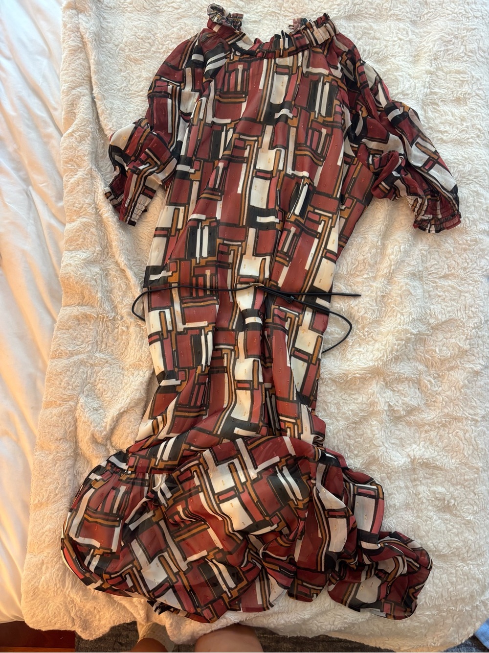 Boho Geometric Print Ruffle Dress  from Brass!